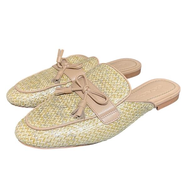 COACH Stassi Raffia Slide Sandals Neutral Gold Weave Slip‎ On Tassle Size 6.5 - Picture 1 of 9